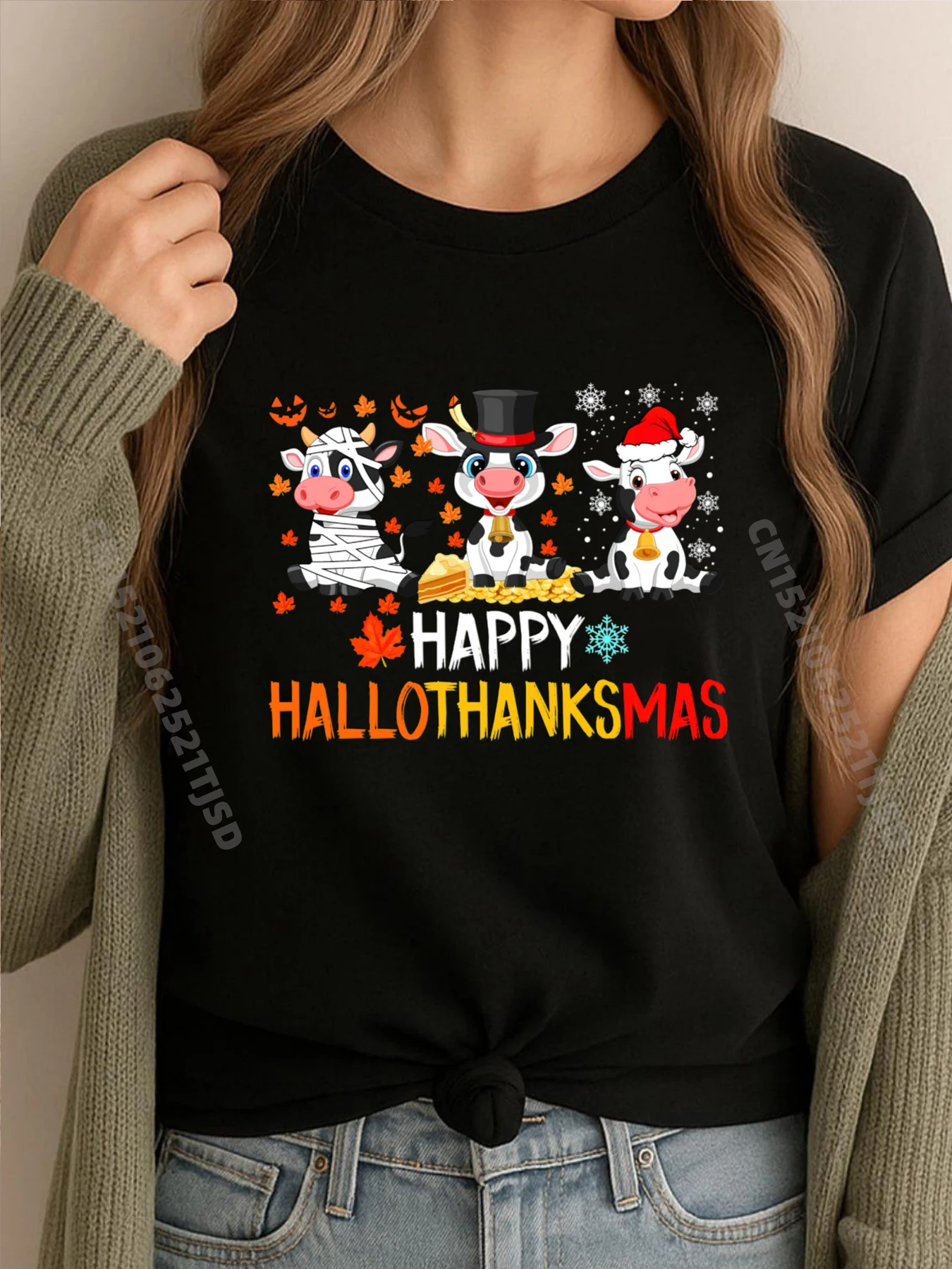 

Funny Cute Cows Christmas Happy Hallothanksmas Shirts Graphic Tee Luxury T-Shirt Mens Tshirts Harajuku