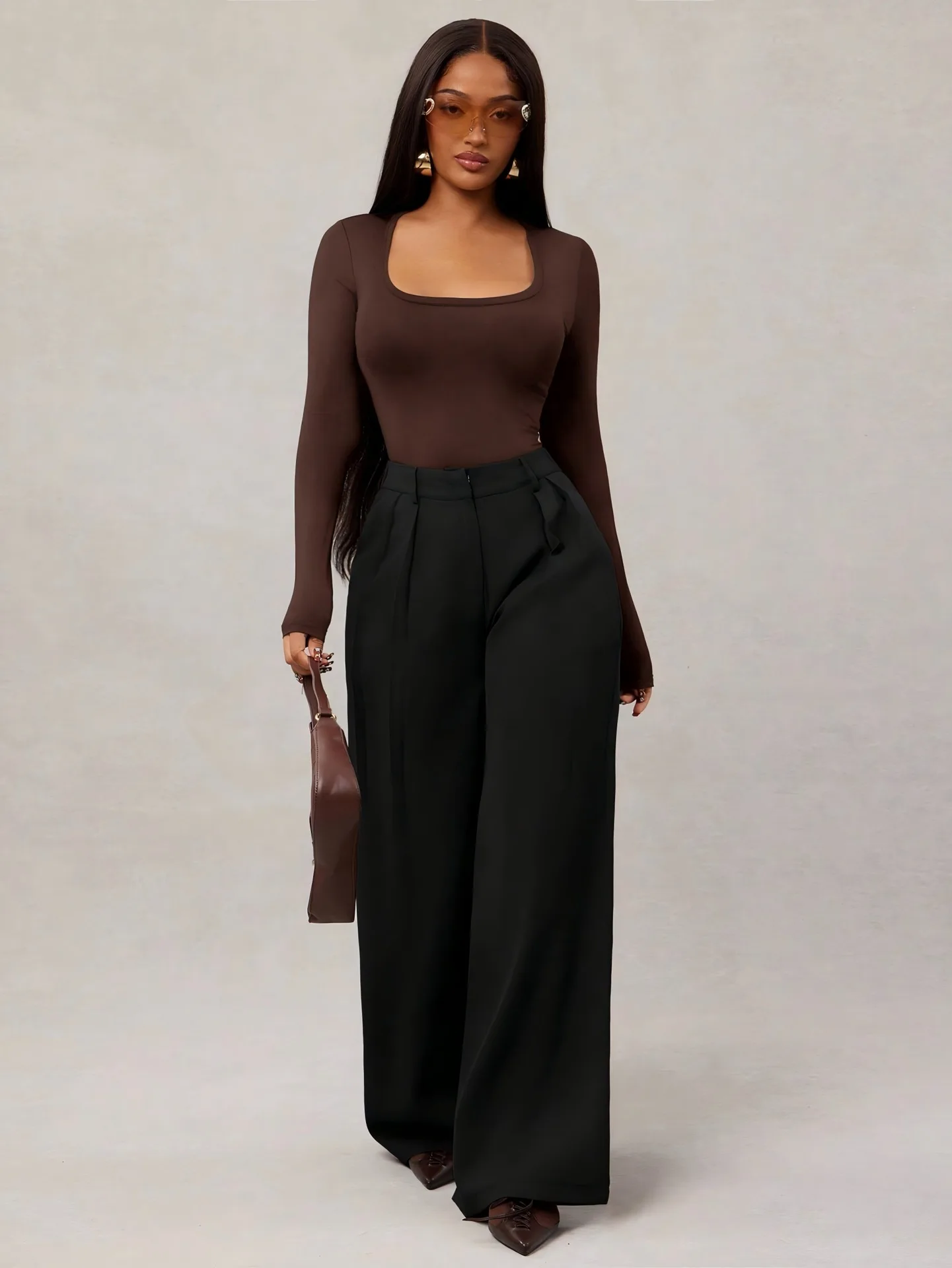 Women Elastic Back Waist Wide Leg Palazzo Pants Loose Floor Length High Waist Drape Casual Straight Trousers With Side Pockets