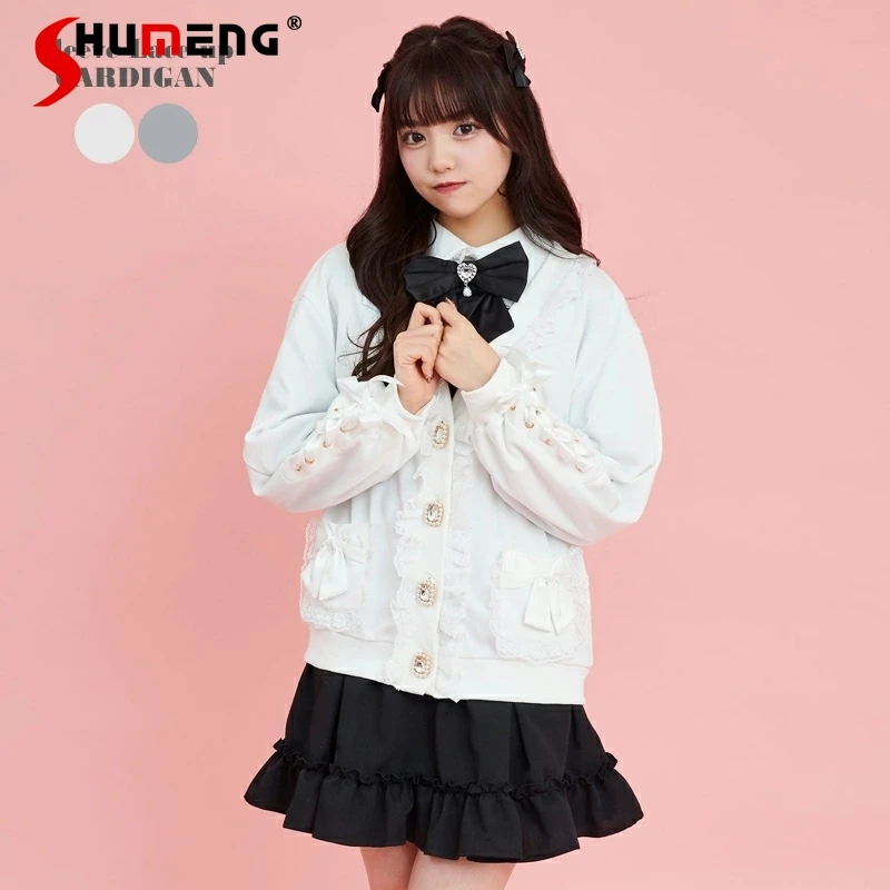 Lolita Clothing Japanese Girl Sweet Ruffles Lace White Coat 2024 Spring New Cute Women's V-neck Lace Bow Long Sleeve Jackets