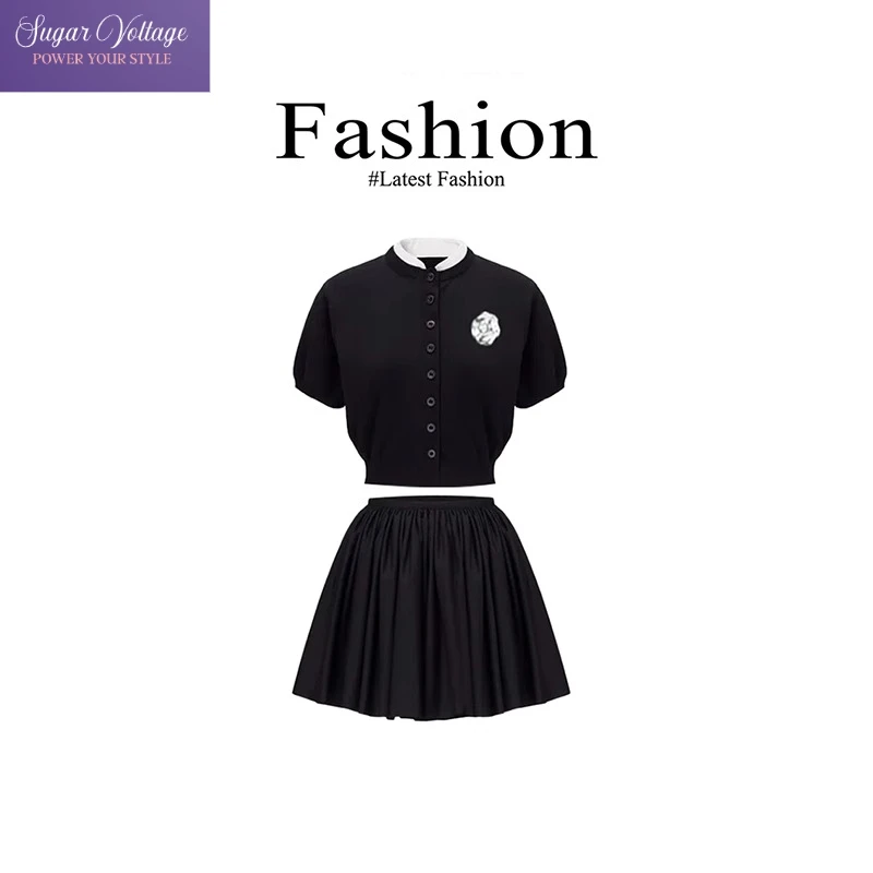 

French Preppy Black Knit Dress 2-Pieces Set Women Summer Short Sleeve Shirt+Pleated Mini Skirt Elegant Commuter Outfit Chic Look