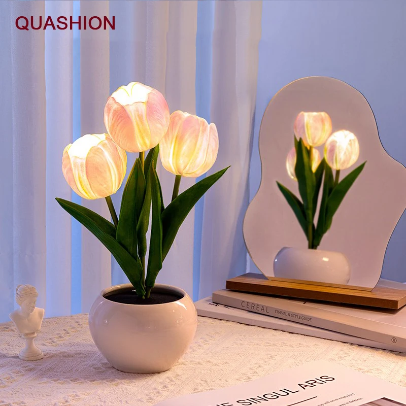 

Led Tulip Lamp Interior Decoration Table Desk Simulation Tulips Flowerpot Lamps Atmosphere Night Light Gift Potted Plant