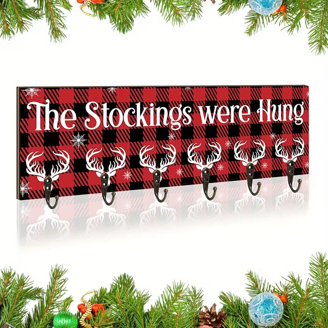 Buffalo plaid Christmas stocking hanger with deer print, six metal hooks, rustic festive wall decor for holiday stockings.