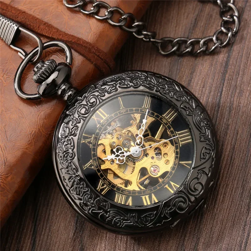 Vintage Roman Numerals Transparent Glass Cover Men's Handwinding Mechanical Pocket Watch Pendant Clock with Black Fob Chain Gift
