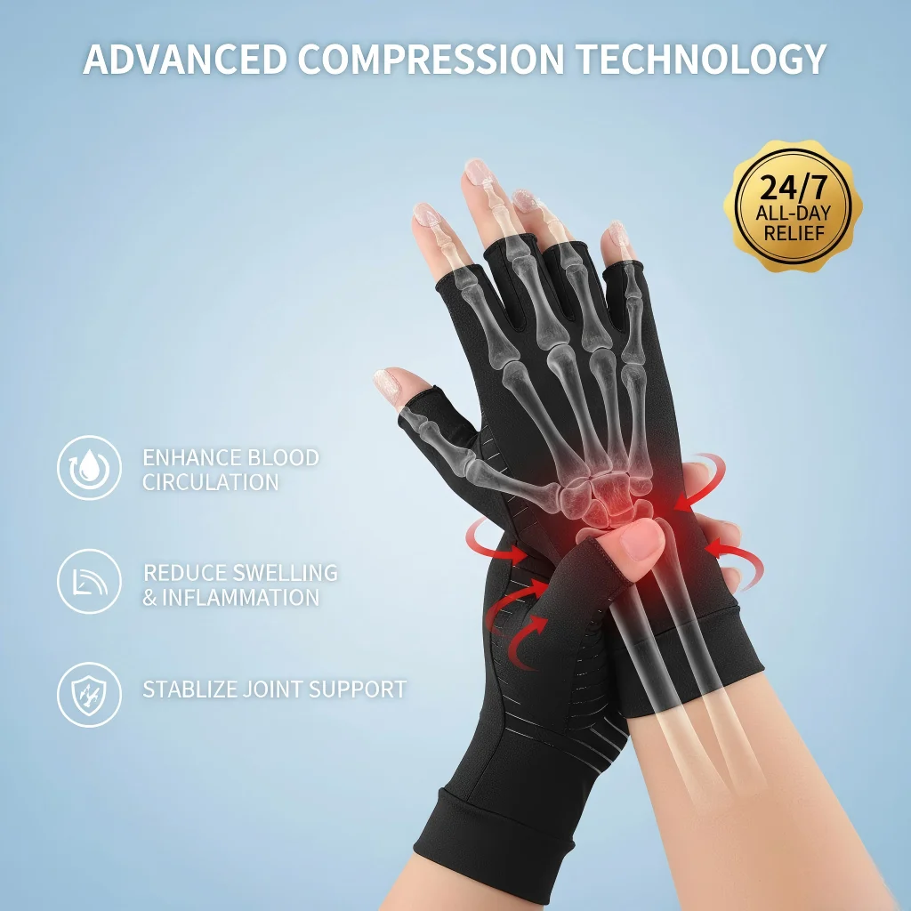 Gants pour l'arthrite pour hommes et femmes, soutien des mains, attelle de poignet pour les gonflements, gants sans doigts, douleurs du canal carpien, 1 paire