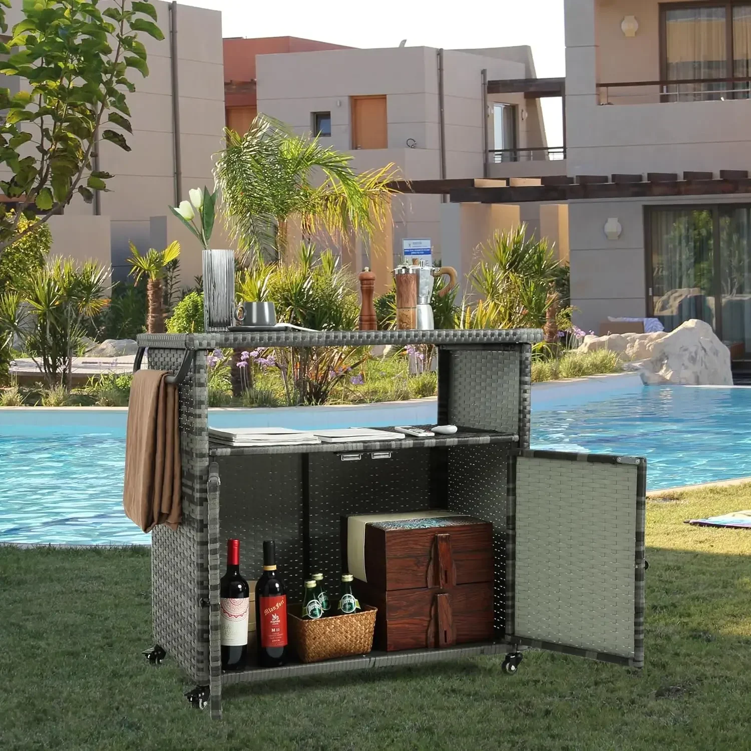 

A Carrito mimbre para Bar al aire libre, consola Patio con gradiente, mesa almacenamiento, armario Buffet