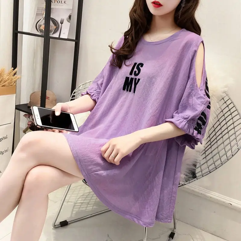 Women Clothing Summer New Off Shoulder Loose T Shirts Short Sleeve Solid Letter Printing Hollow Out Tops Tees Fashion Casual