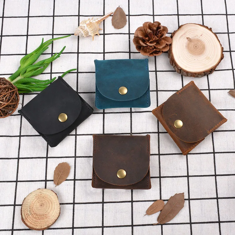 First Layer Cowhide Genuine Leather Mini Coin Purse Creative Retro Key Case Crazy Horse Coin Loose Money Storage Card Bag