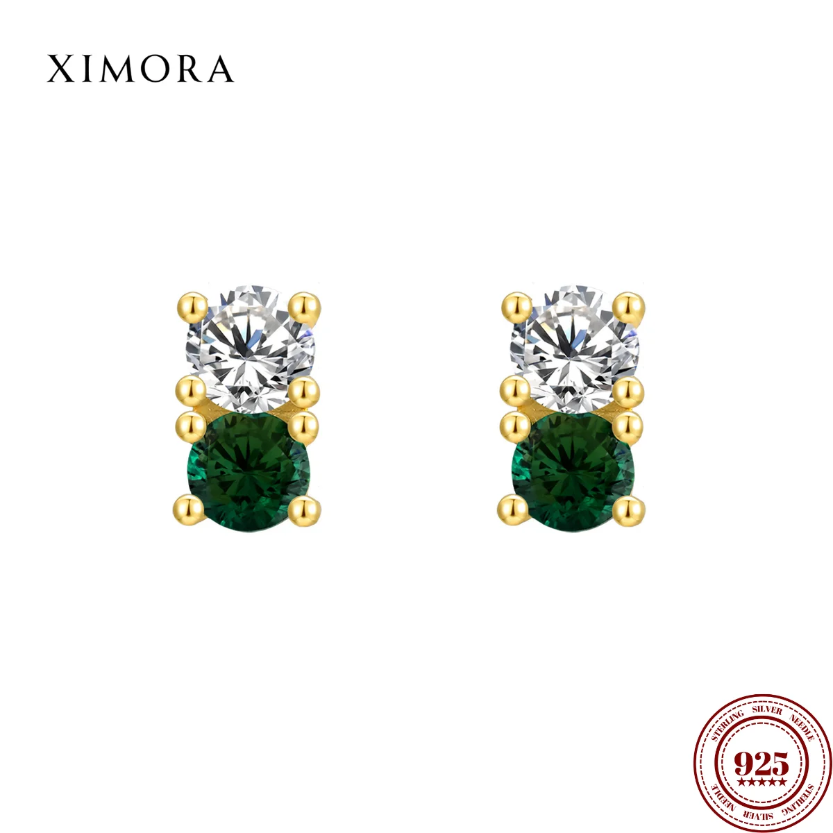 

XIMORA S925 Sterling Silver Geometric Round Green Zircon Stud Earrings for Women Minimalist Design with Two-Tone Color-Blocking