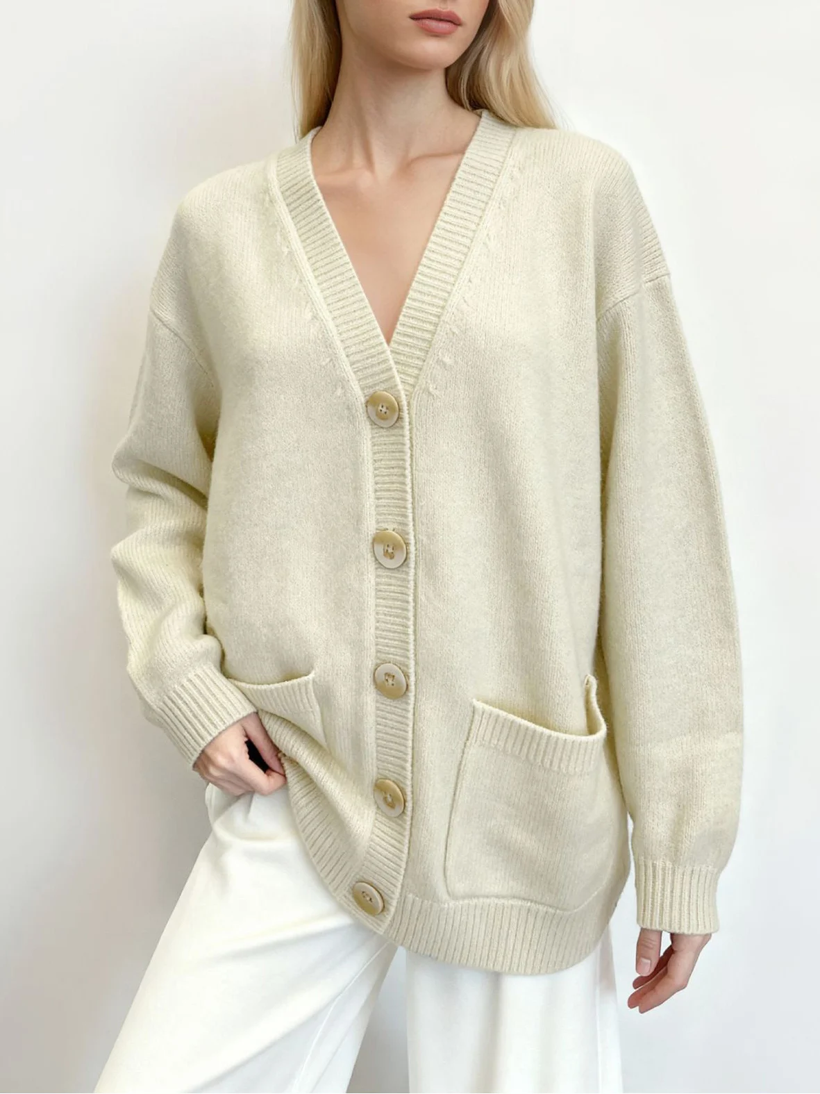 

Oversize V Neck Pure Wool Cardigan Sweater Women Winter Warm Knitted Jacket