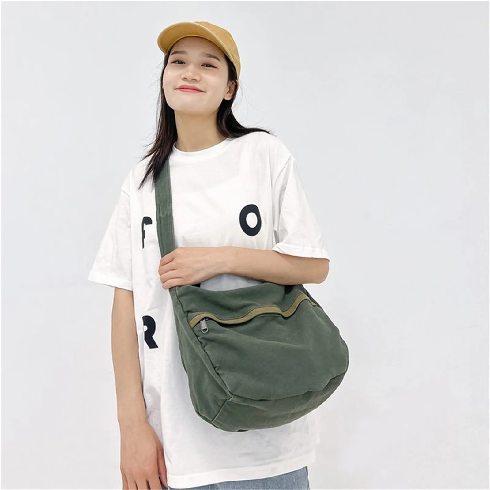 Student Harajuku Messenger Bag Solid Color School Casual Canvas Women Men Crossbody Shoulder Bags Zipper Large Capacity Handbags