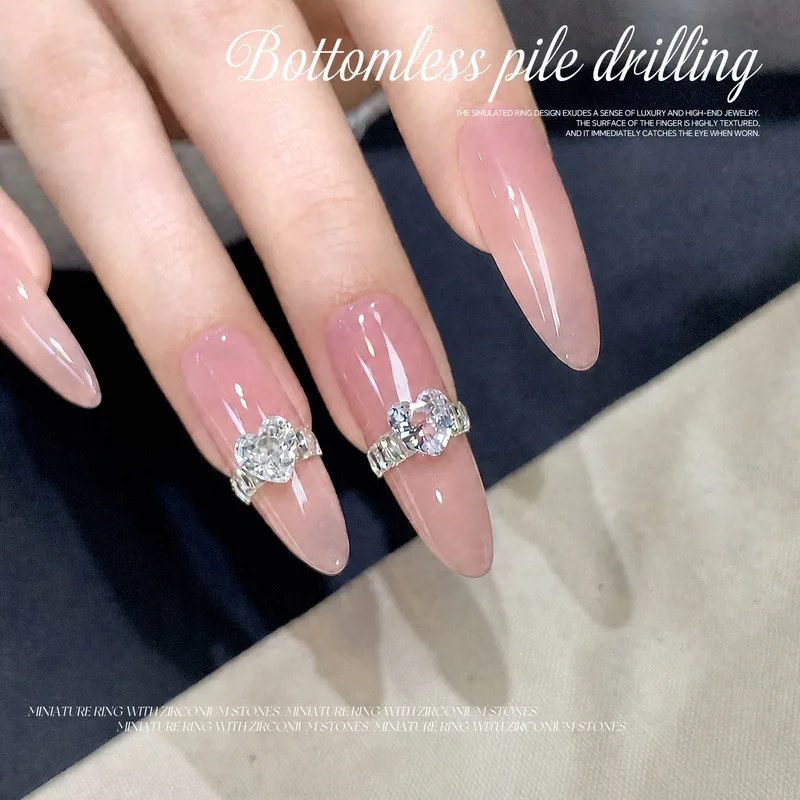 LYLE 2Pcs Sparkly Colorful Heart Ring Zircon Stacked Nail Art Charms High End No Base Luxury Ring Manicure Decorations Gems Sets