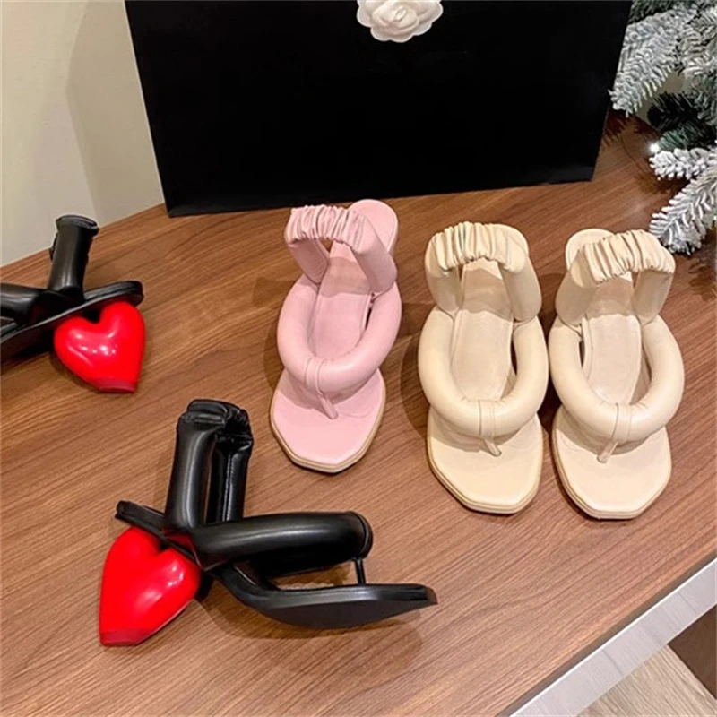 Red Heart Heel Solid Color Women Sandals Hand-made Fashion Square Toe Comfy Ladies Shoes Flip Flops Zapatos Mujer 2024 Tendencia