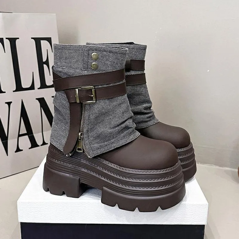 

10CM New Ankle Booties Shoes Natural Microfiber Leather Boots 2025 Winter Women Motorcycle Boots Platform Ladies Fashion Botas