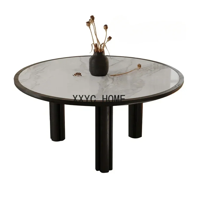 

Ретро-комплект круглых обеденных столов и стульев из орехового дерева, домашний обеденный стол с каменной столешницей в стиле легкой роскоши, круглая столешница