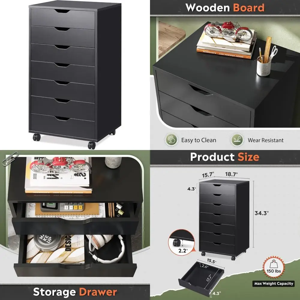 7-Drawer Wooden File Cabinet with Wheels, Black, Space-Saving Storage Solution for Home or Office