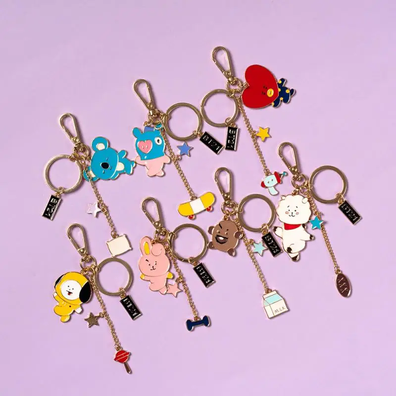 5Pcs Bt21 Peripheral Key Chain Kawaii Cartoon Tata Key Chain Pendant Korean Style Trendy Trinkets Holiday Gift for Men and Women