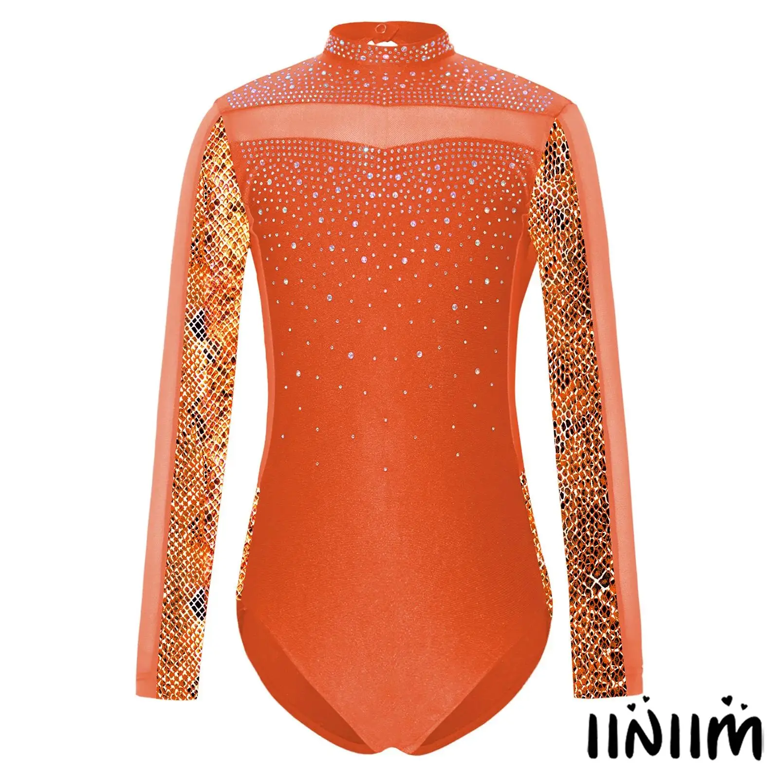 

Kids Girls Latin Jazz Dance Leotards Sparkly Rhinestones Patchwork Design Printed Long Sleeve Bodysuit for Stage Ballroom Dance