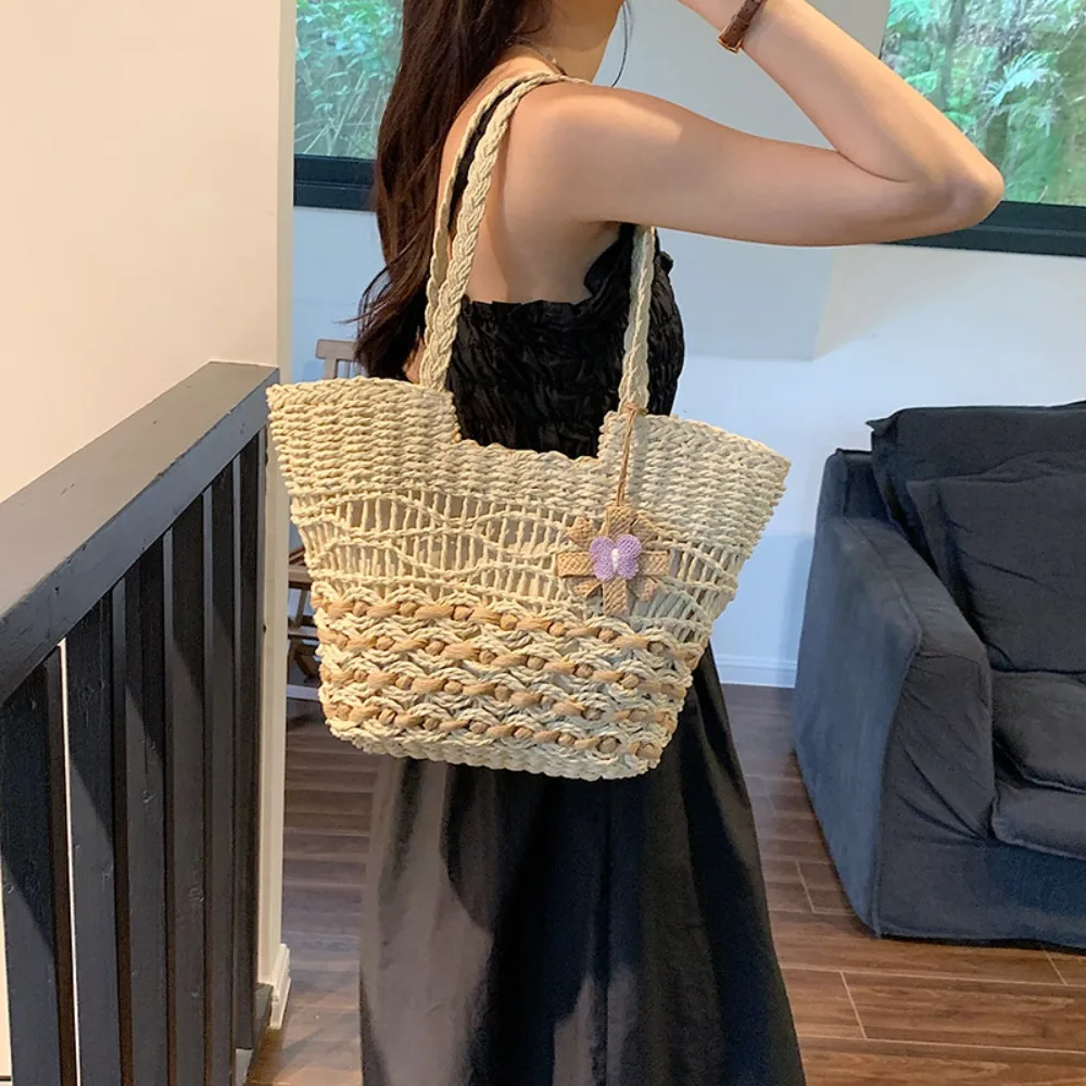 Brand Letter Straw Handbag for Women Hollow Paper Woven Big Tote Summer Beach Bag Ladies Fashion Shoulder Bag Shopper purse 2024