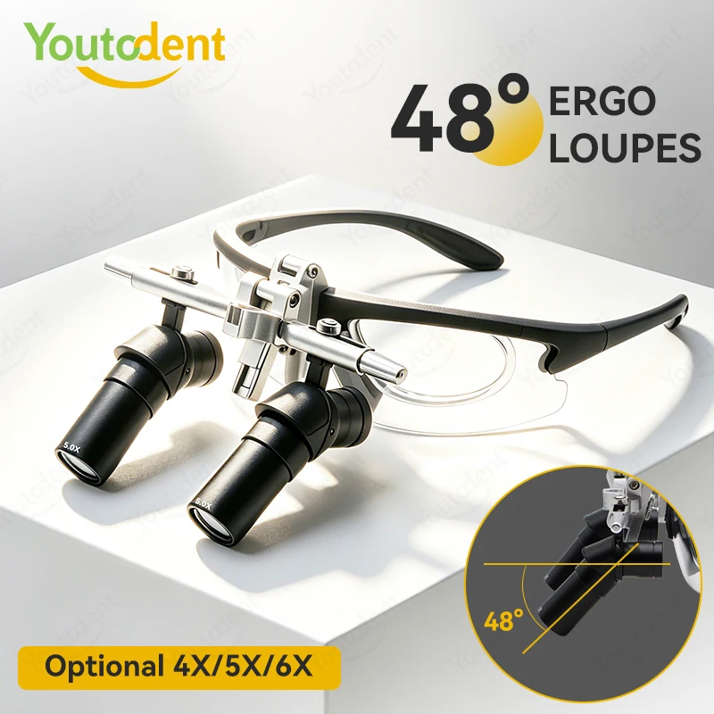 Youtodent Ergonomic Dental Ergo Loupes 4X/5X/6X Optional 48° Eye-level View Binocular Magnifier for Dentists Surgery