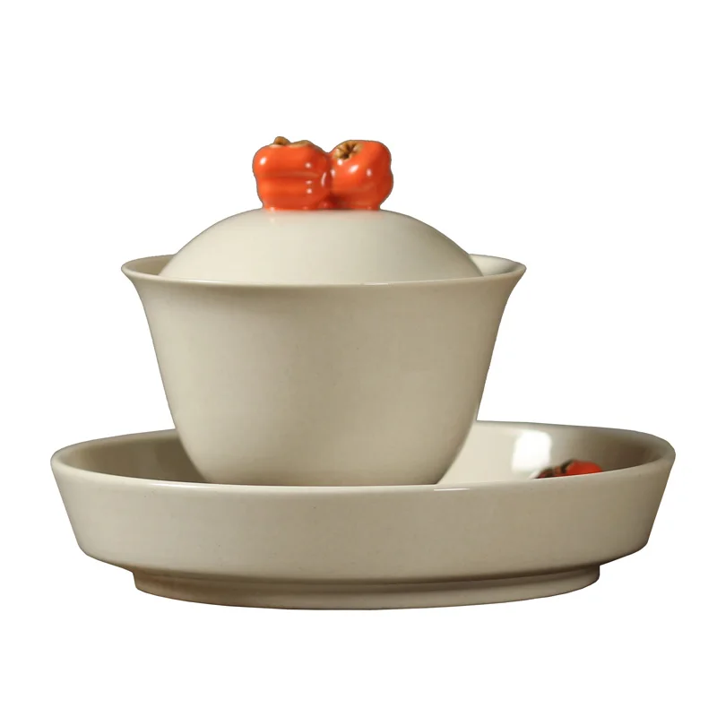 

Ceramic Cover Teacup Single Persimmon Gaiwan Jingdezhen Handmade Kung Fu Tea Set Grass Wood Gray Bowl