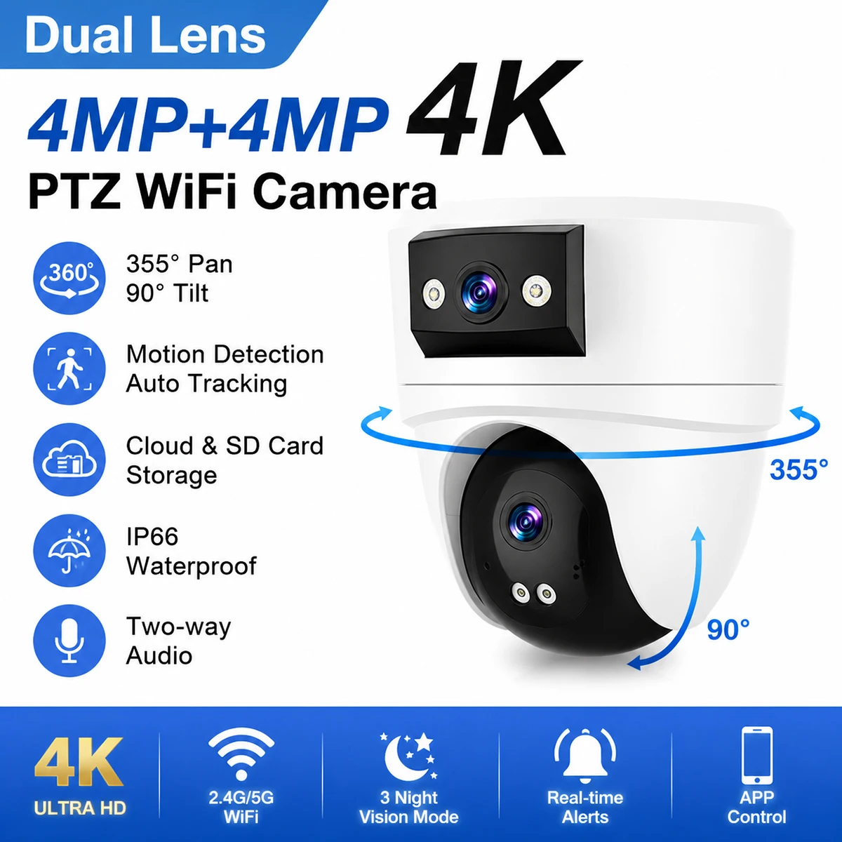 8MP 4K PTZ WiFi Security Camera with AI Human Detection, Dual Lens Outdoor IP Camera for Home Surveillance System CCTV Wireless