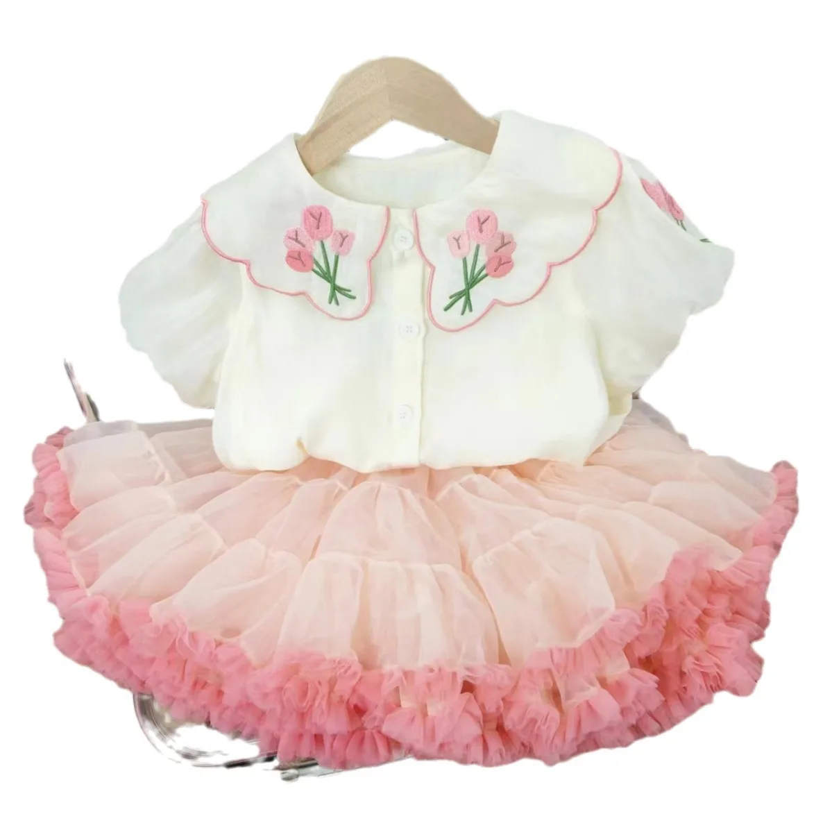 2024 Summer KoreanNew Girl\'s Embroidered Short sleeved Top with Cute Tutu Mesh Skirt Cover