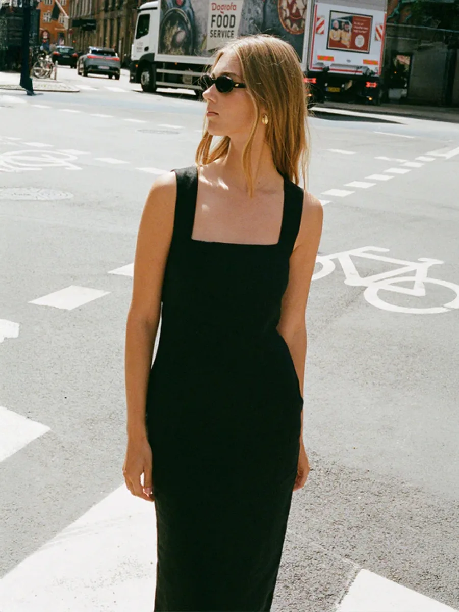 Solid Color Cotton Linen Square Neck Wide Straps Dress Fashion Slim Fit Back Split Long Dress Summer New Women's Clothing