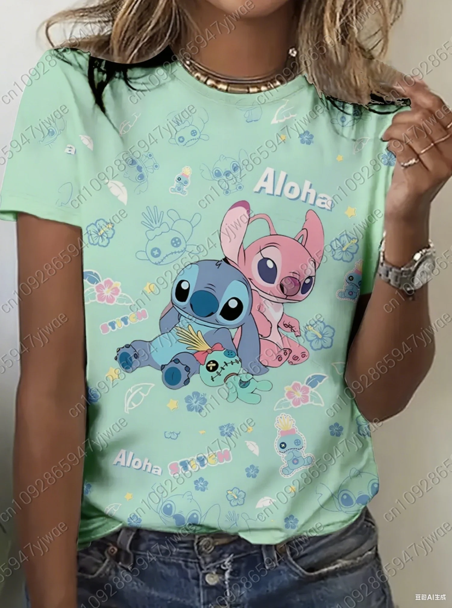 الصيف المرأة Kawaii غرزة طباعة جولة الرقبة قصيرة الأكمام تي شيرت اليومية أعلى الإناث الإبداع الشارع تي شيرت