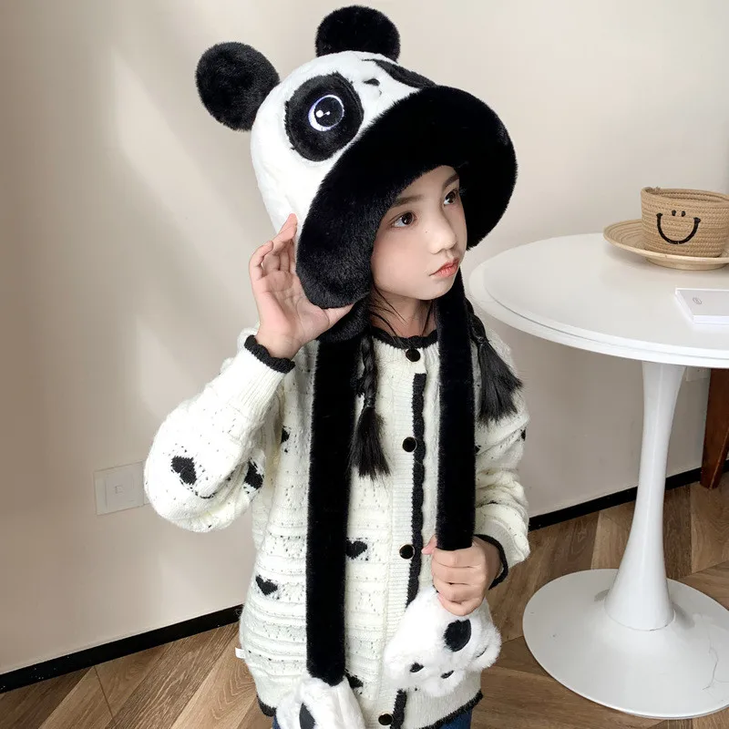 Panda Children\'s Hat Girls Windproof Cold Furry Hat Boy\'s Ear Protection Warm Hat Middle School Children Student Winter Hat 2851