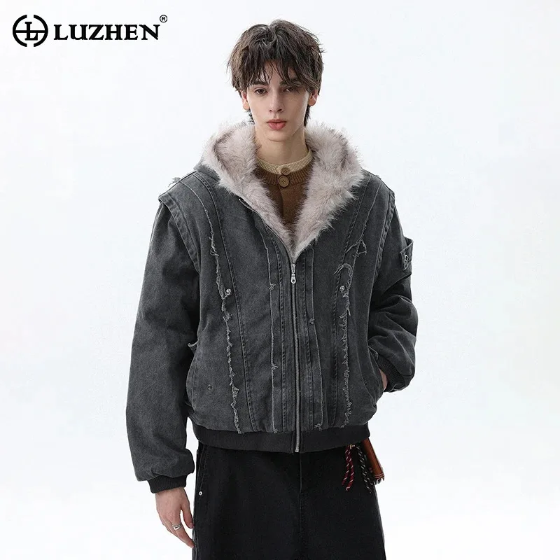 

LUZHEN 2025 Winter New Personalized Faux Fur Hooded Padded Coat Men Trendy High Quality Solid Color Vintage Parka Jacket JY5103