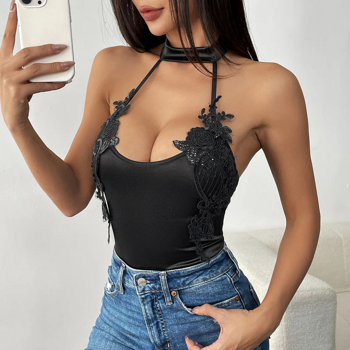 

Sexy Strapless Corset Top, Faux Leather & Lace Bustier for Party & Night Out