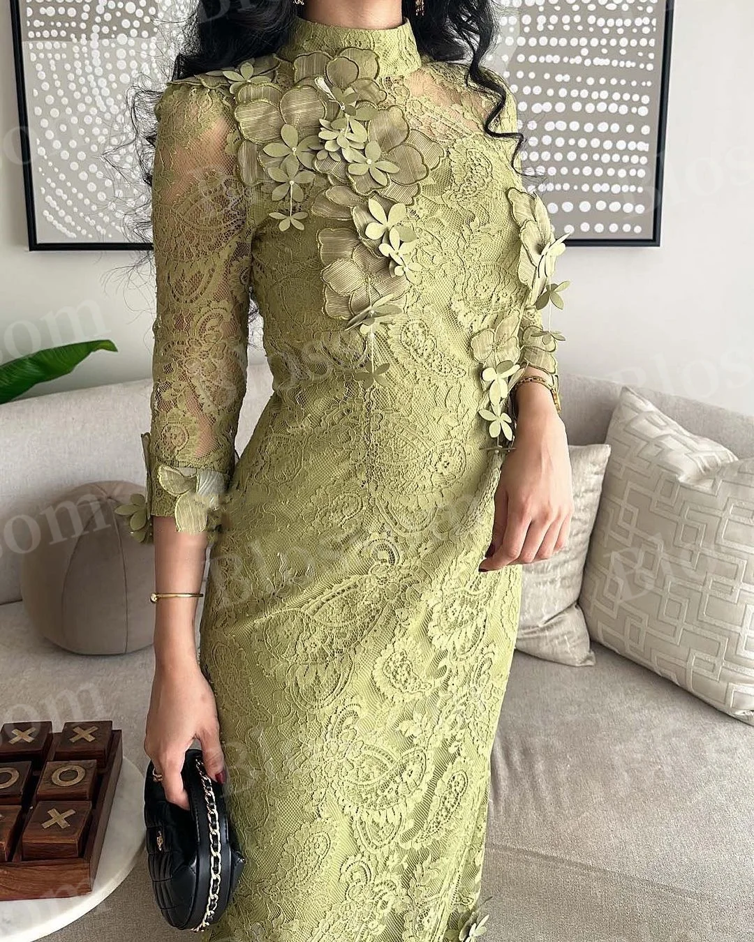 Sage Green Lace Flower Prom Dresses Long Sleeves Elegant Women Evening Dresess 2024 Formal Party Gown Vestidos De