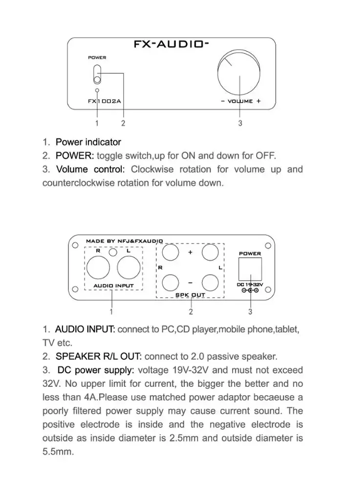 FXAUDIO FX1002A home stereo high power amplifier +32V power adapter