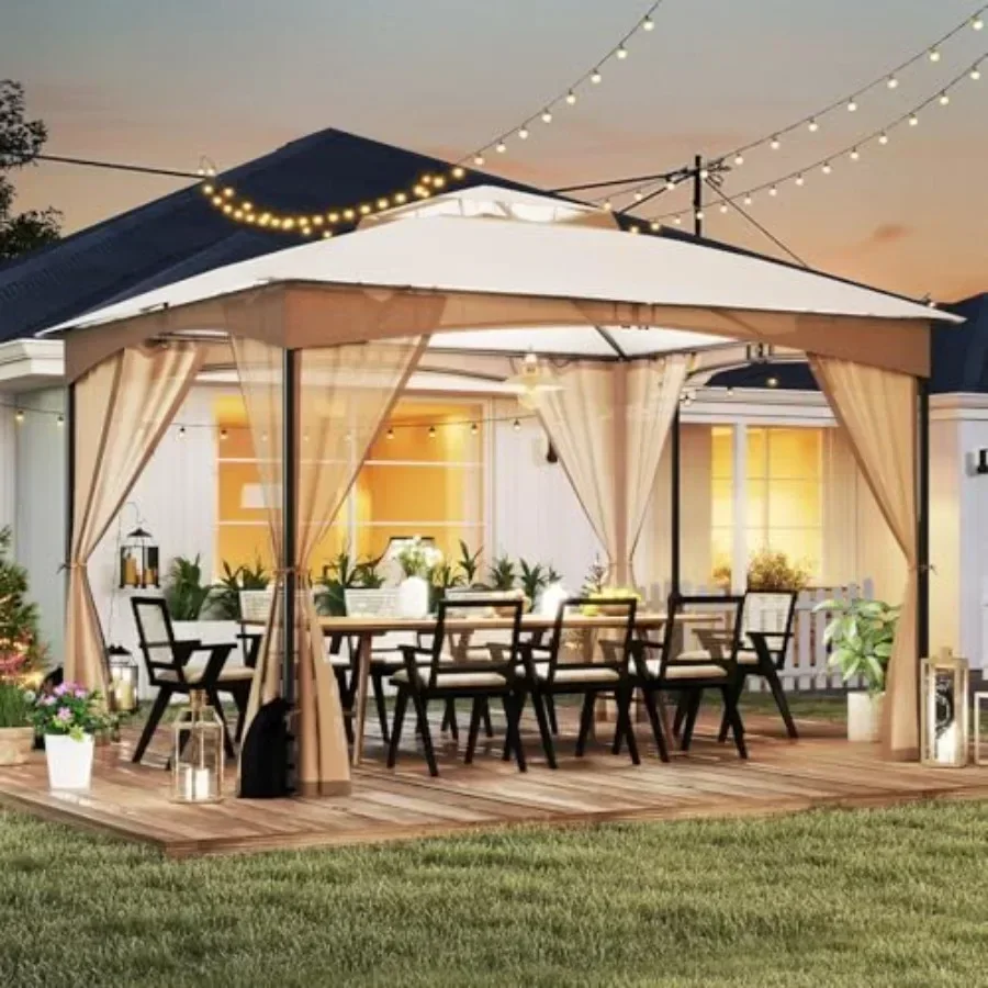 Outdoor Gazebo with Netting Double Roof Patio Shelter with 4 Sandbags Zippered Doors Heavy-Duty Metal Fe Metal Patio Gazebo for