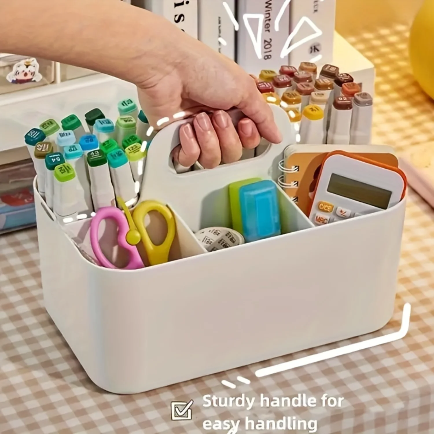 1pc Plastic  Basket With Handle, Portable Pencil Pen Stationery  Box, Office Desktop Sorting Organizer With 5 Compartments