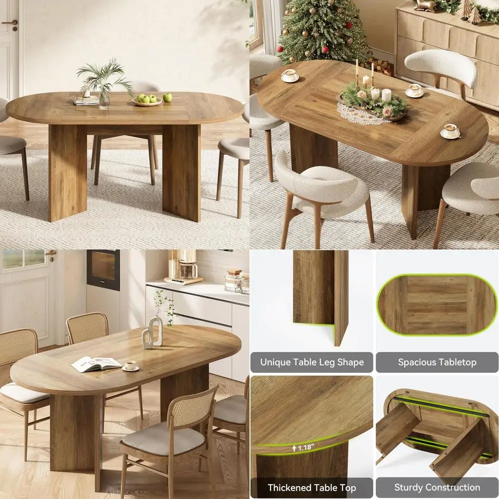 طاولة طعام بيضاوية 63 على طراز المزرعة لـ 4-6، MDF متينة مع قاعدة معدنية، مناسبة للمنزل والمكتب والمطعم، Umber Fini
