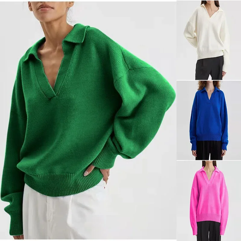 Casual Loose Knitted Sweater Pullover for Autumn/Winter Women\'s Sweaters 2024 New Polo V-neck Long Sleeve Green Shirts Mujer