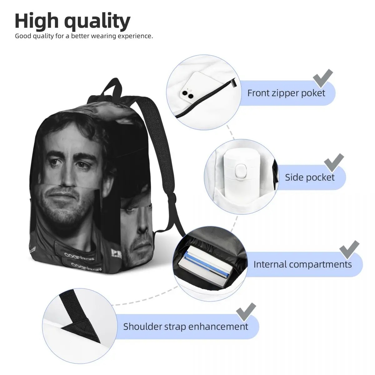 Mochila Alonso-lona com design amante do carro para homens e mulheres, bolsa de esportes para viagens, ensino médio e caminhadas