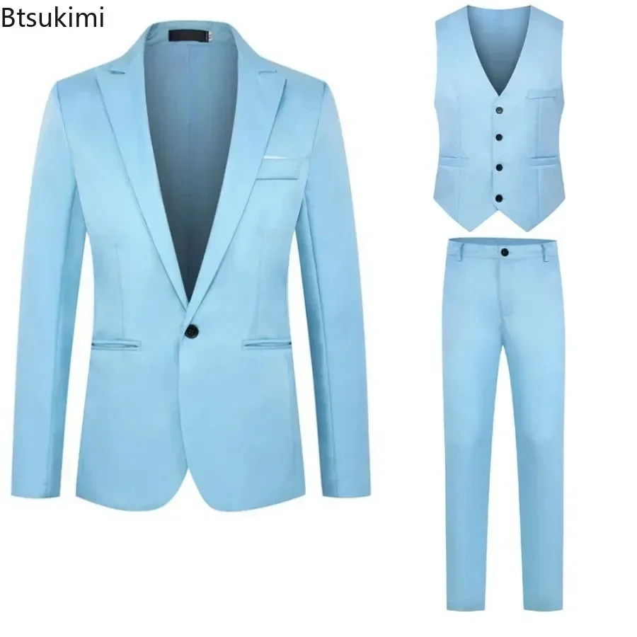 2025 Men's Blazers Suit Sets Wedding Office 3PCS Blazer+Vest+Pants Suits Slim Fit Single Buckle Business Club Party Sets for Men