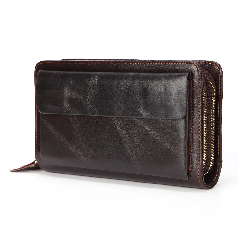

Genuine Leather Men Clutch Large Capacity Casual Business Male Purse Double Zipper Clutch Wallet Bag Phone Pouch Handbag