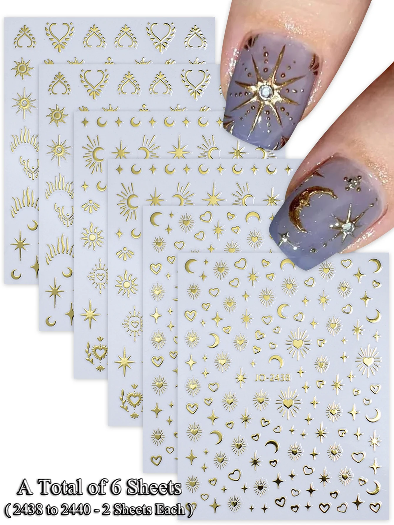 6/12/24 Vellen Gouden & Zilveren Ster, Maan & Hart Nagelstickers, Zelfklevende 3D Nageldecoratie Stickers voor DIY Manicure Decoratie