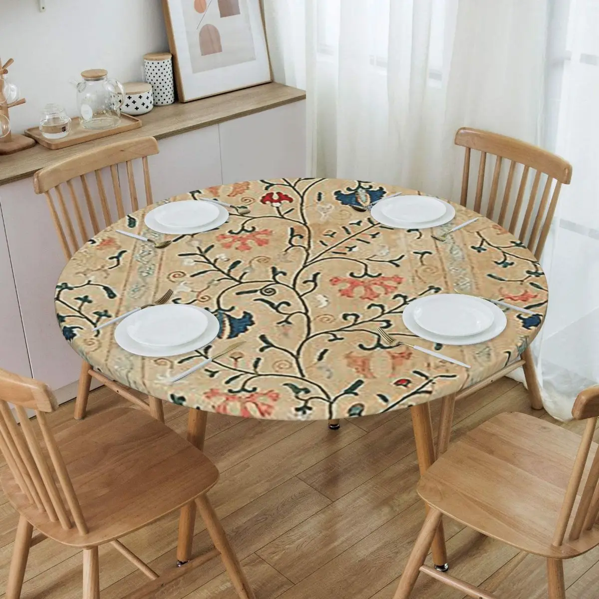 Uzbekistan Suzani Nim Embroidery Waterproof Round Tablecloth Oilproof Table Cloth for Kitchen Events Dining Table Cover