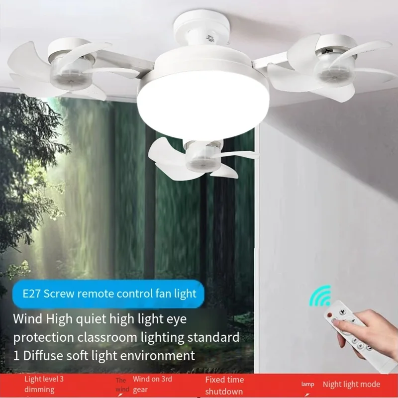 E27 Lampu Kipas Langit-langit LED dengan Fungsi Peredup Remote Control 50-60W Lampu Langit-langit Lampu Kipas Berbentuk Drone untuk Ruang Tamu, Belajar