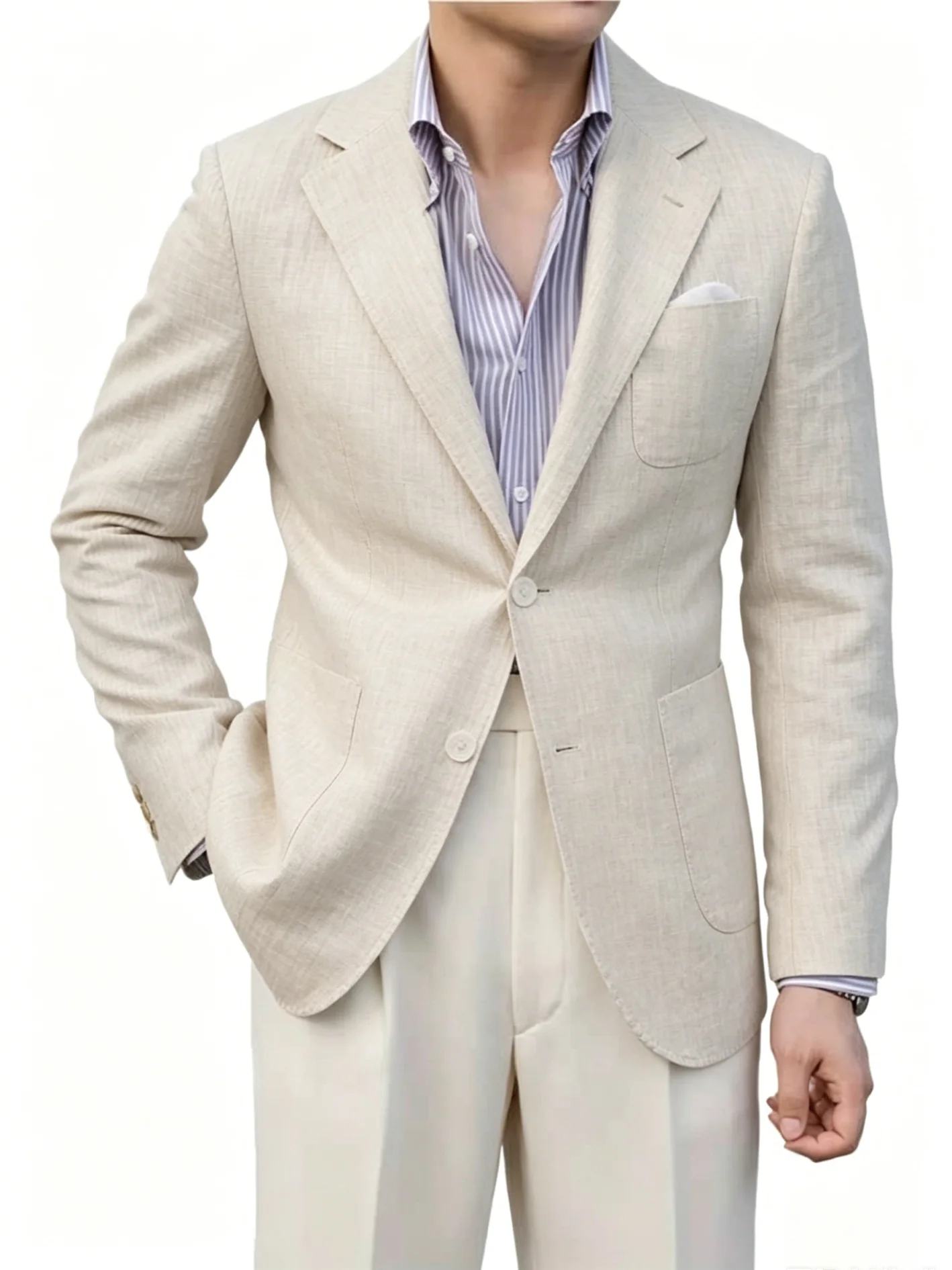 Casual Linen Mens Suit 2 Pieces Notch Lapel Single Breasted Outfit Breathable For Summer Beach Wedding Business Event Customized