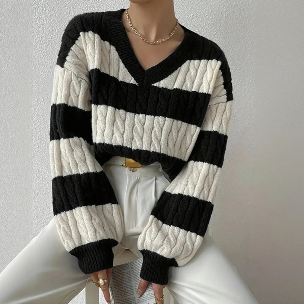 

Женский корейский полосатый лоскутный свитер с длинным рукавом и v-образным вырезом в рубчик, осенний базовый модный топ на каждый день