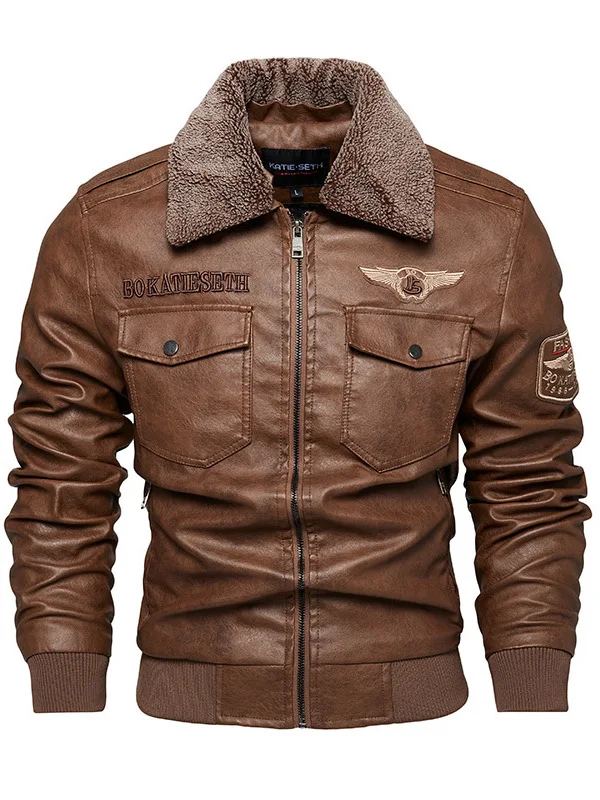 

Men's Leather Jaet Coat Fce Lined Stand Collar Motorcycle Sle Trendy Large Size PU Leather Jaet Men's Clothing