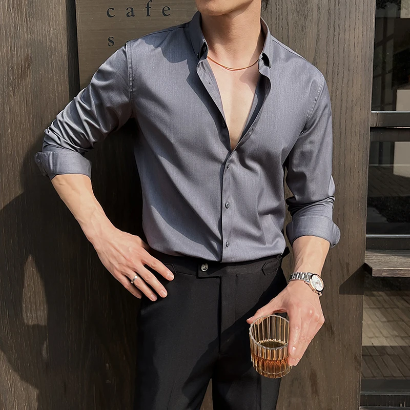 Men's Luxury Solid Color Casual Long Sleeved Shirt Business Office Formal Dress Shirt Slim Fit Social Ball Top Size 7XL-6XL