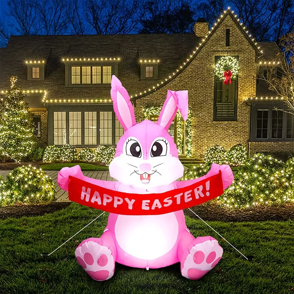 

5FT Pink Bunny Inflatable Easter Decoration Built-in LED Easter Inflatables Rabbit Decor Easter Yard Garden Outdoor Party Decor