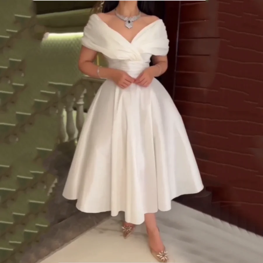 Vestido branco com ombro fora, linha A, comprimento Tea, decote V, tafetá, vestido de festa formal