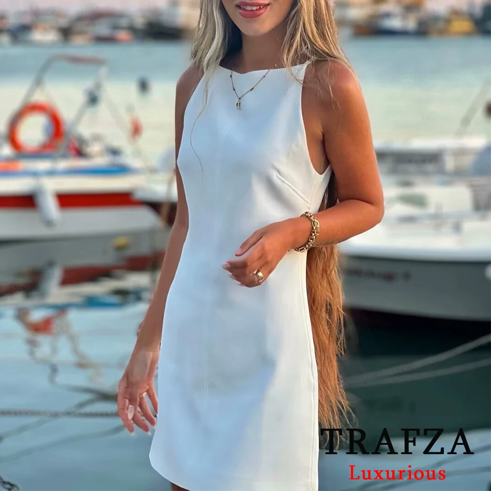 TRAFZA Sexy Solid Women Straight Mini Dress Halter Sleeveless Casual Underwear Party Dress Fashion 2024 Elegant Y2K Girl Dress